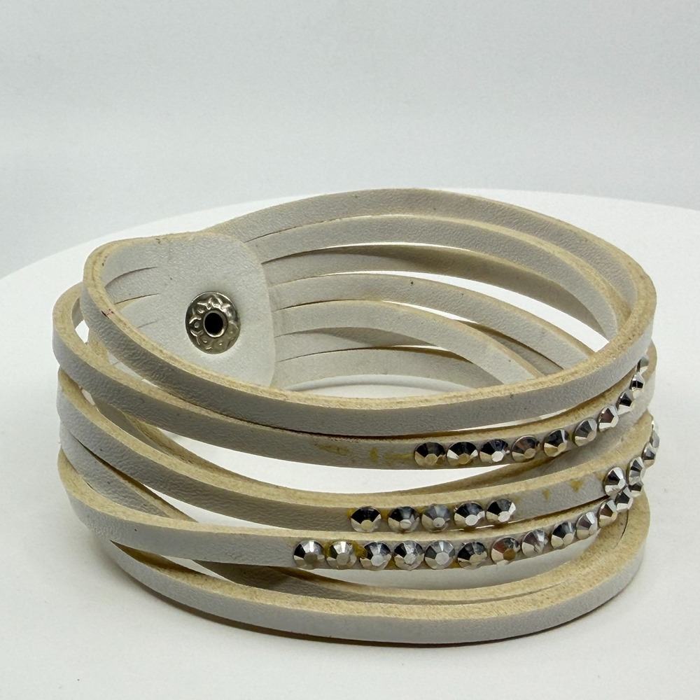 White Leather Rhinestone Wrap Bracelet - Boho Festival Wrist Accessory